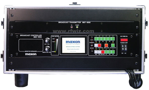 The Maxon MBS-8000 Broadcast System mounted in a hard shell case with wheels for easy transport