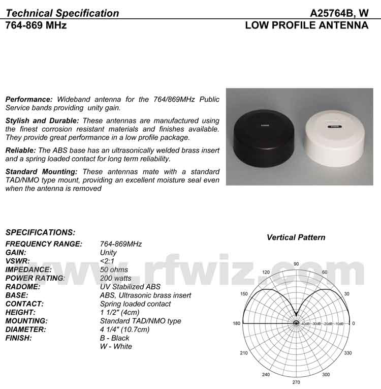Detailed and complete description and specifications for Comtelco Antenna Models A25764B A25764W including Vertical Pattern chart