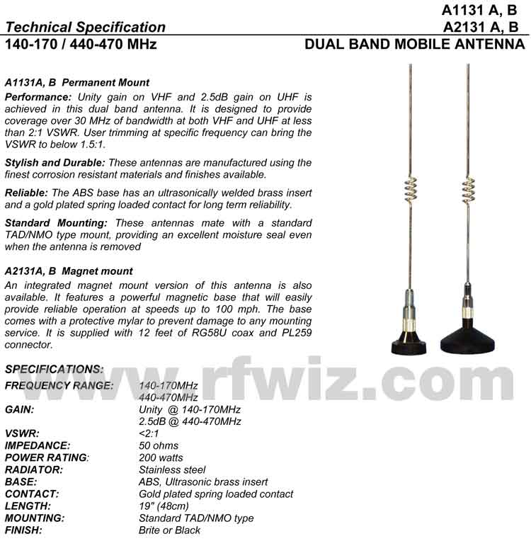 Detailed and complete description and specifications for Comtelco Antenna Models A2131B A2131A including Vertical Pattern chart
