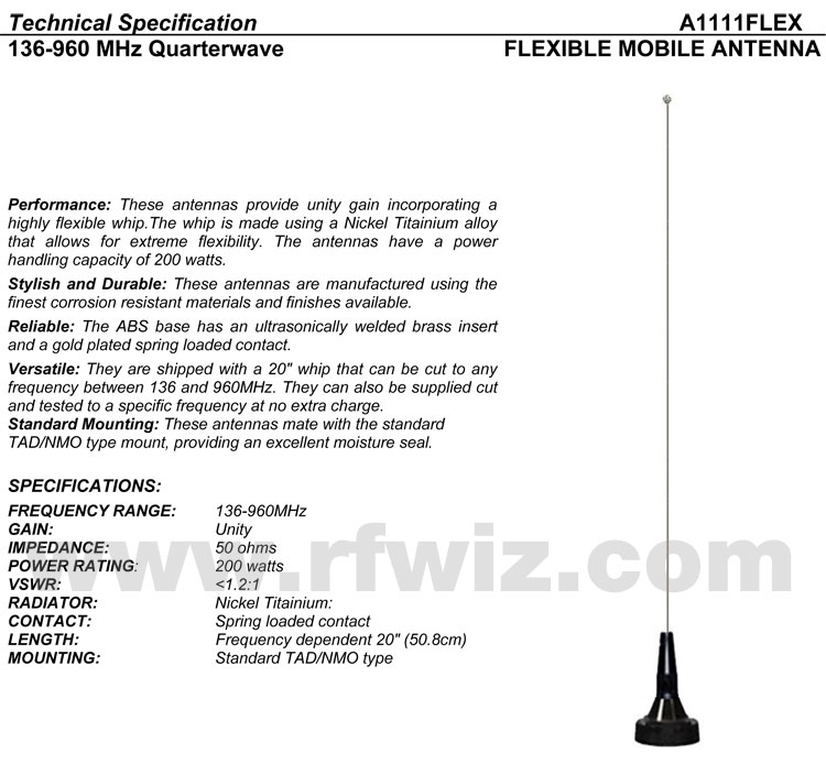 Detailed and complete description and specifications for Comtelco Antenna Model A1111FLEX antenna