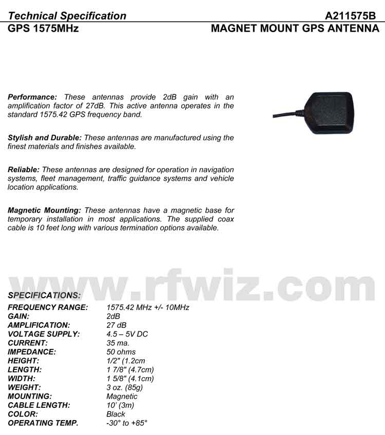 Detailed and complete description and specifications for Comtelco Antenna A211575-10 GPS Magnet Mount