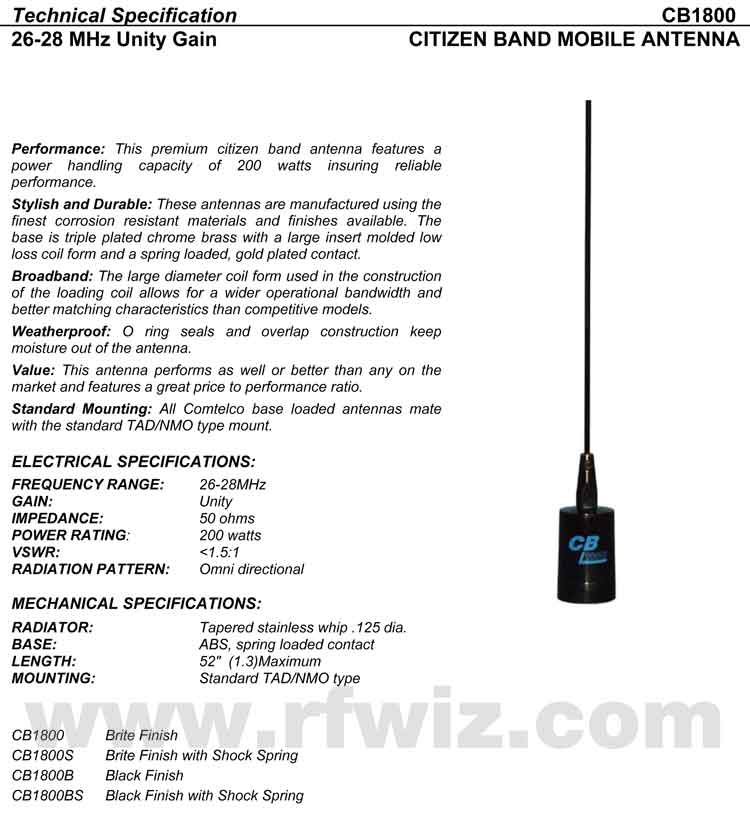 Detailed and complete description and specifications for Comtelco Antenna Model CB1800 CB Antenna