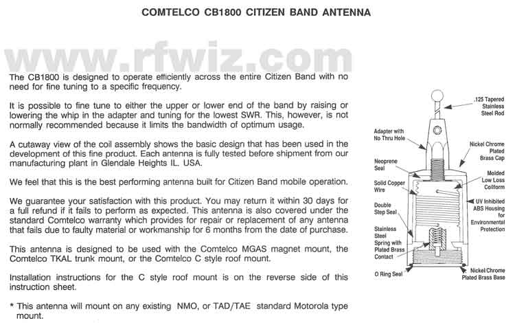 Detailed instructions for Comtelco Antenna Model CB1800 Citizen Band Mobile Antenna