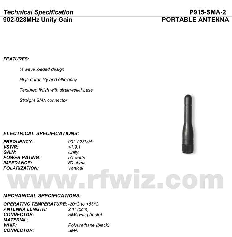 Comtelco Data Antenna Models P915-SMA-2 Technical Specifications Detailed and complete description and specifications for Comtelco Data Antenna Model P915-SMA-2 including Vertical Pattern chart