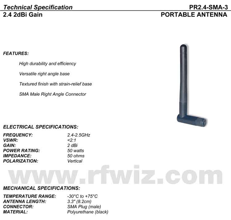 Comtelco Data Antenna Models PS2.4-SMA-RT-4 Technical Specifications Detailed and complete description and specifications for Comtelco Data Antenna Model PS2.4-SMA-RT-4 including Vertical Pattern chart