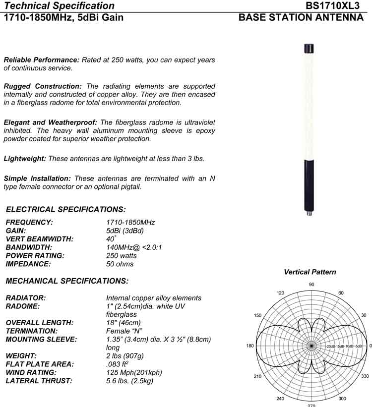 BS1710XL3 Series Technical Specifications Complete and detailed specification of the Comtelco's BS1710XL3 Series of Antennas