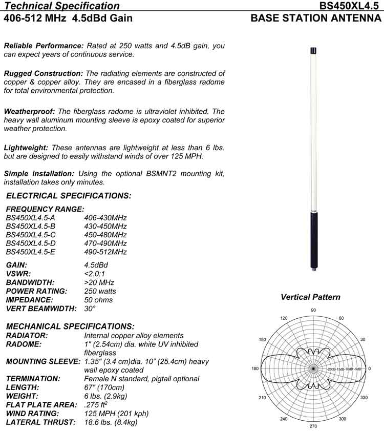 Complete and detailed specification of the Comtelco's BS450XL4.5 Series of Antennas
