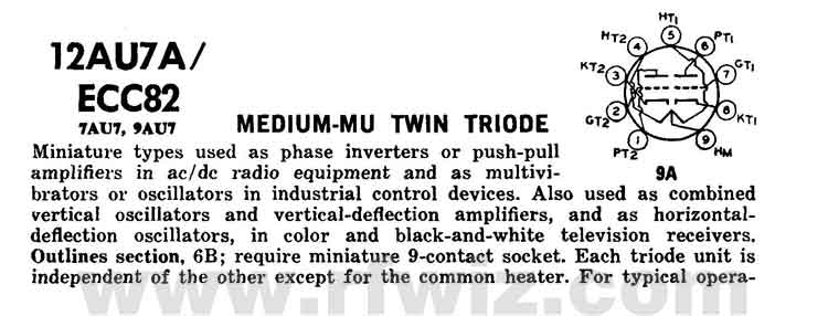 12AU7 Vacuum Tube Twin Triode Amplifier ECC82 Specifications Page 1 Complete Specifications Data and tube socket pin designations for the 12AU7 Vacuum Tube Page 1