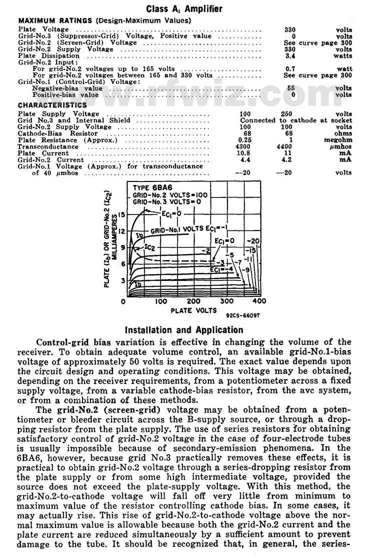 6BA6 Vacuum Tube Remote-Cutoff Pentode Specifications Page 2 Complete Specifications Data and tube socket pin designations for the 6BA6 Vacuum Tube Page 2