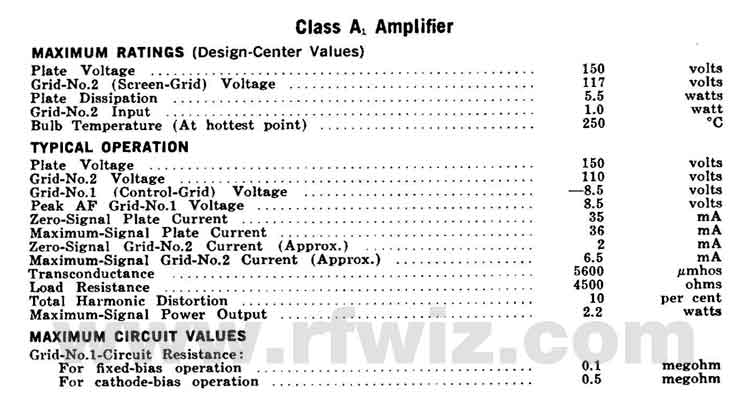 Complete Specifications Data and tube socket pin designations for the 6AS5 Vacuum Tube Page 2