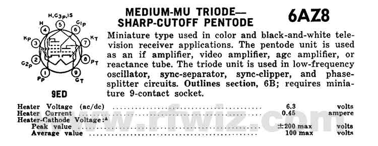 6AZ8 Vacuum Tube Medium-Mu Triode Sharp Cutoff Pentode Specifications Page 1 Complete Specifications Data and tube socket pin designations for the 6AZ8 Vacuum Tube Page 1