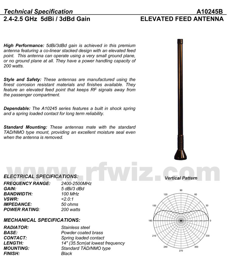 Detailed and complete description and specifications for Comtelco Antenna Model A10245B including Vertical Pattern chart