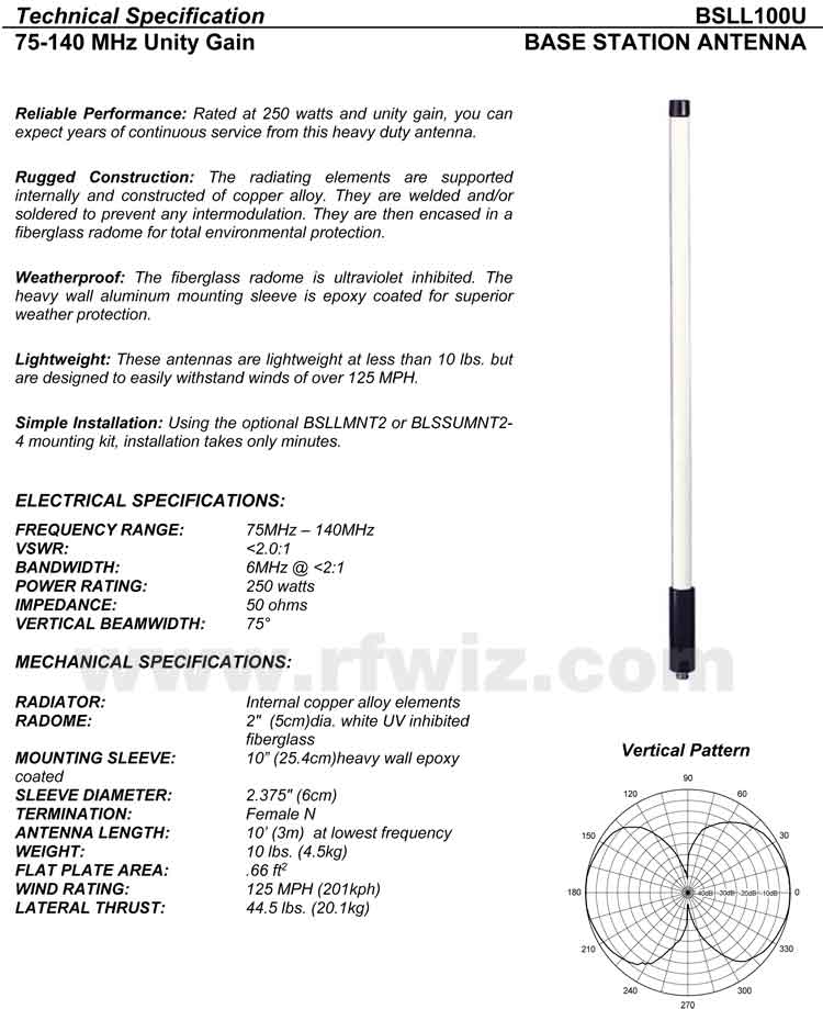 Complete and detailed specification of the BSLL100U BSLL Series of Super Duty Base Antennas