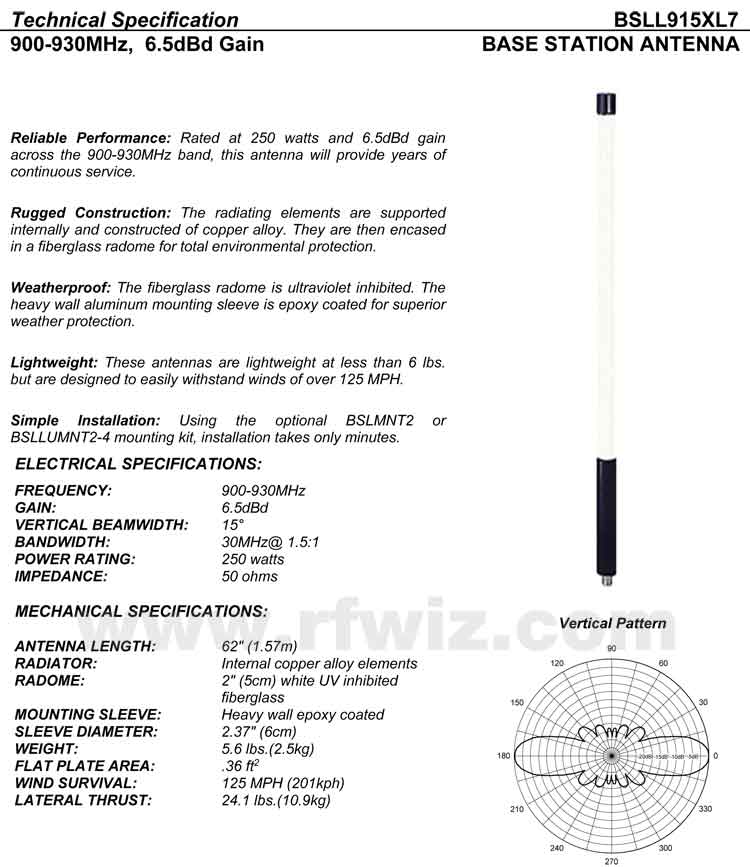 Complete and detailed specification of the Comtelco's BSLL915XL7 Series of Super Duty Antennas