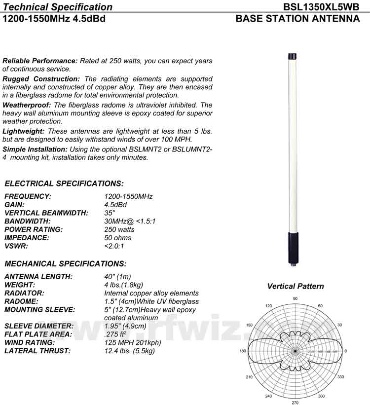 Complete and detailed specification of the Comtelco's BS1350XL5WB Series of Heavy Duty Antennas