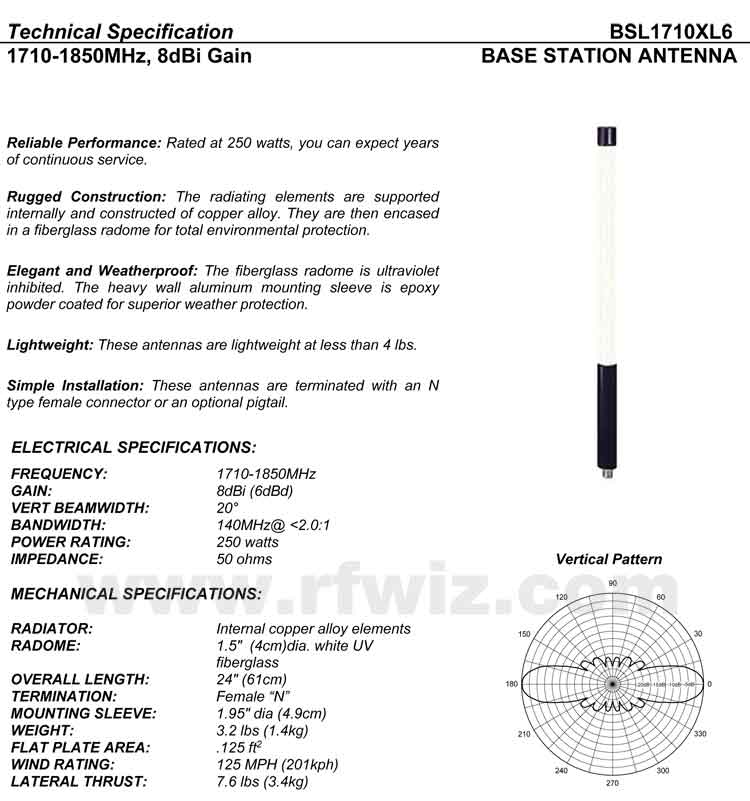 Complete and detailed specification of the Comtelco's BSL1710XL6 Series of Heavy Duty Antennas