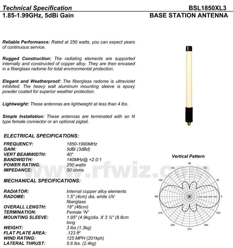 Complete and detailed specification of the Comtelco's BSL1850XL3 Series of Heavy Duty Antennas