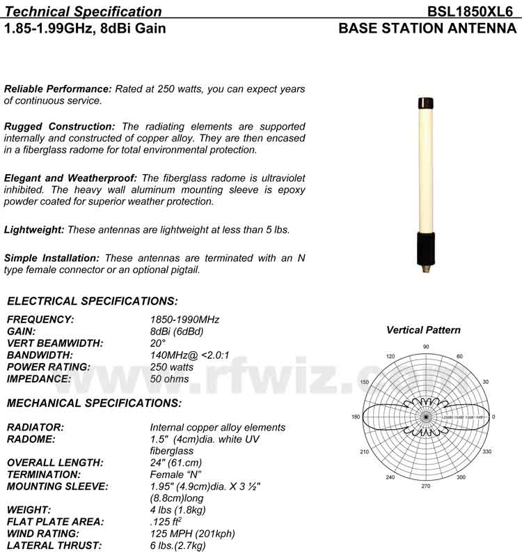 Complete and detailed specification of the Comtelco's BSL1850XL6 Series of Heavy Duty Antennas