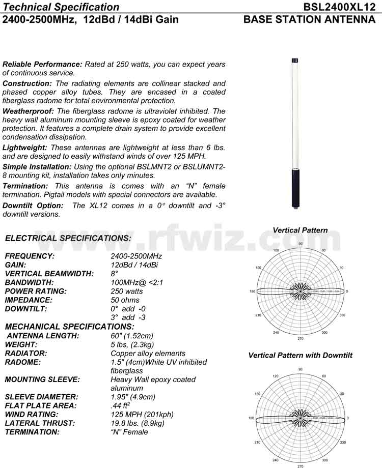 Complete and detailed specification of the Comtelco's BSL2400XL12 Series of Heavy Duty Antennas