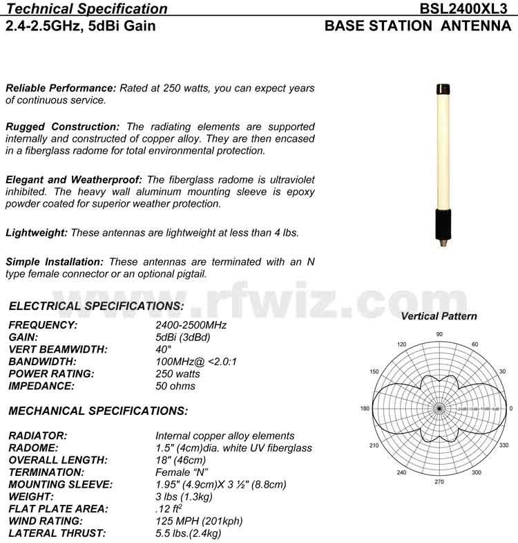 Complete and detailed specification of the Comtelco's BSL2400XL3 Series of Heavy Duty Antennas