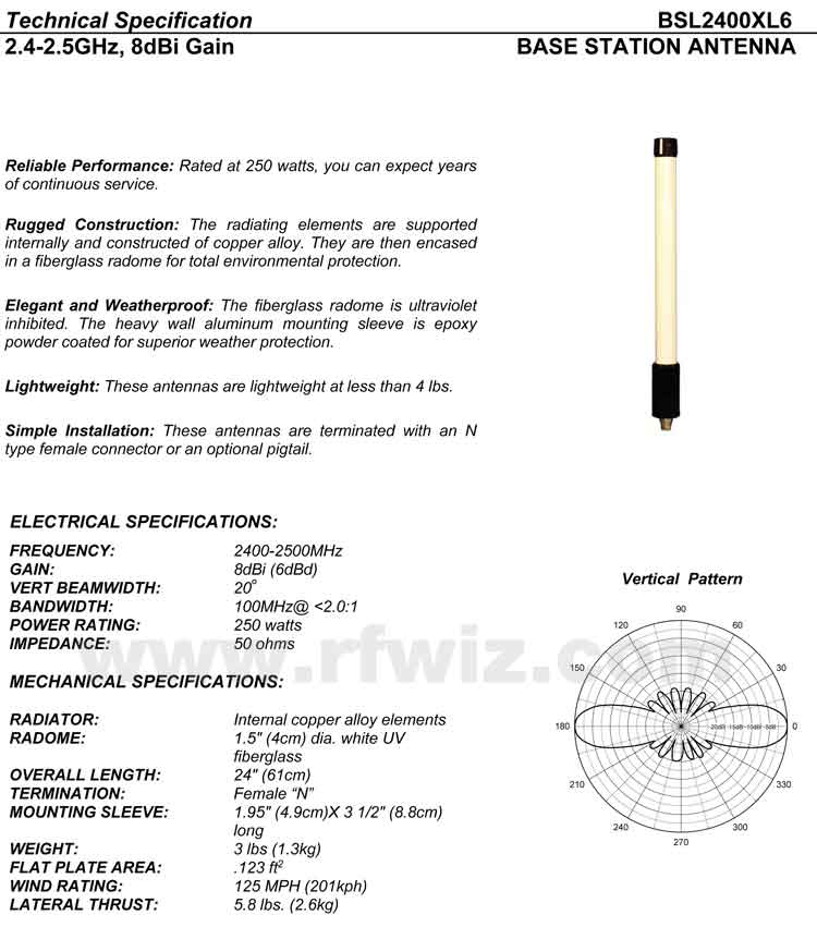 Complete and detailed specification of the Comtelco's BSL2400XL6 Series of Heavy Duty Antennas