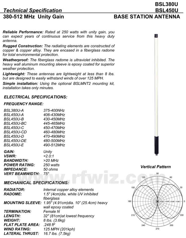 Complete and detailed specification of the Comtelco's BSL450U-D Series of Heavy Duty Antennas