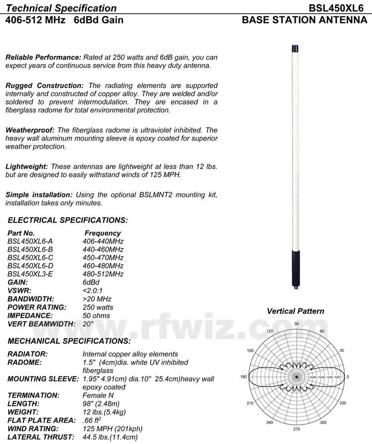 BSL450XL6-C Series Technical Specifications Complete and detailed specification of the Comtelco's BSL450XL6-C Series of Heavy Duty Antennas
