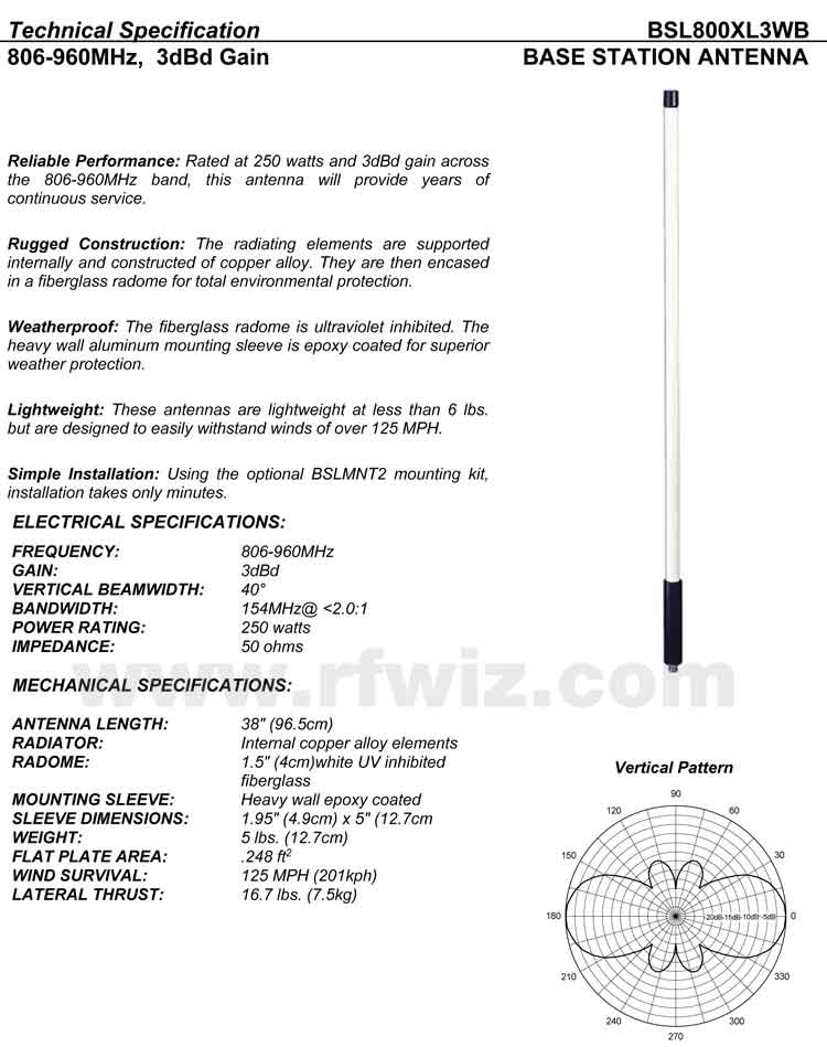 Complete and detailed specification of the Comtelco's BSL800XL3WB Series of Wide Band Antennas