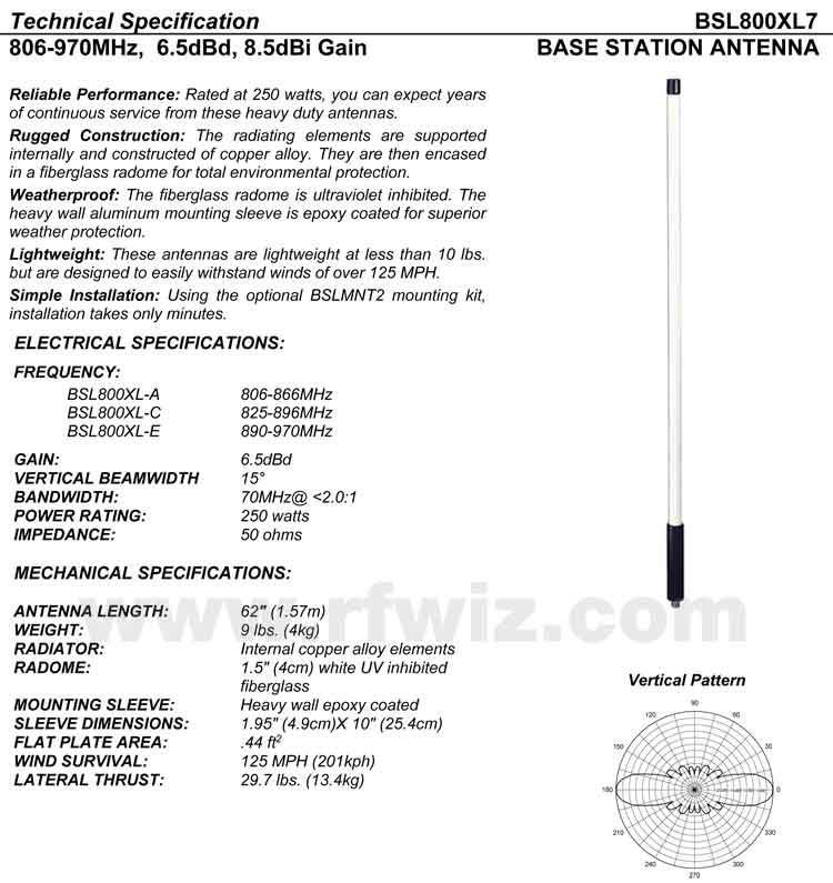 Complete and detailed specification of the Comtelco's BSL800XL7-C Series of Heavy Duty Antennas