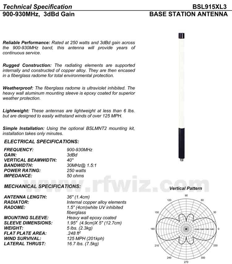 Complete and detailed specification of the Comtelco's BSL915XL3 Series of Wide Band Antennas