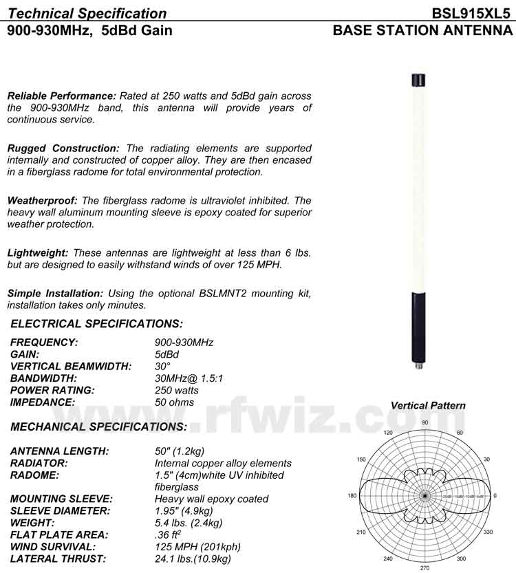 Complete and detailed specification of the Comtelco's BSL915XL5 Series of Heavy Duty Antennas