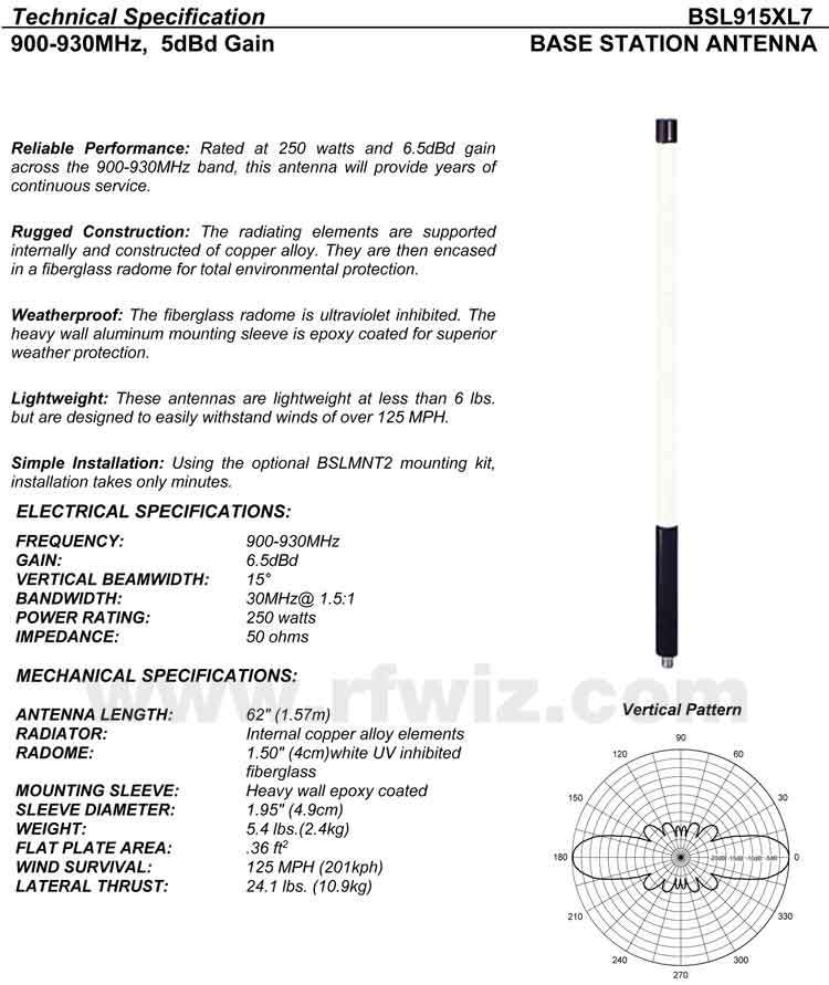 Complete and detailed specification of the Comtelco's BSL915XL7 Series of Heavy Duty Antennas