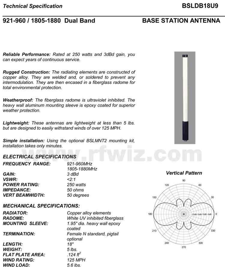 Complete and detailed specification of the Comtelco's BSLDB18U9 Series of Heavy Duty Antennas