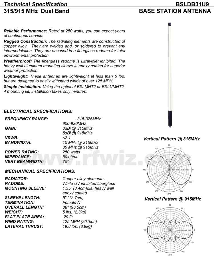 Complete and detailed specification of the Comtelco's BSLDB31U9 Series of Heavy Duty Antennas