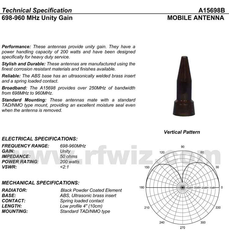 Detailed and complete description and specifications for Comtelco Antenna Models A15698B including Vertical Pattern chart