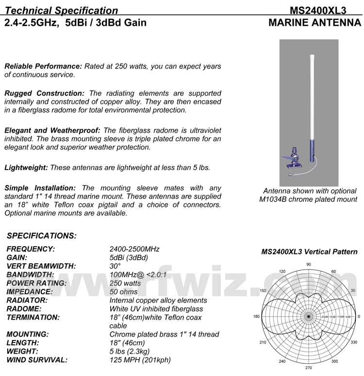 Complete and detailed specification of the MS2400XL3 Series Marine Antennas