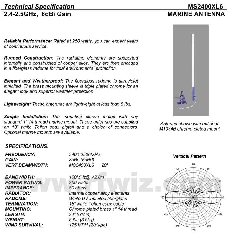 Complete and detailed specification of the MS2400XL6 Series Marine Antennas