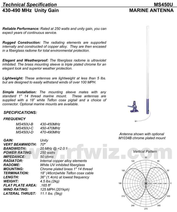 Complete and detailed specification of the MS450U Series Marine Antennas