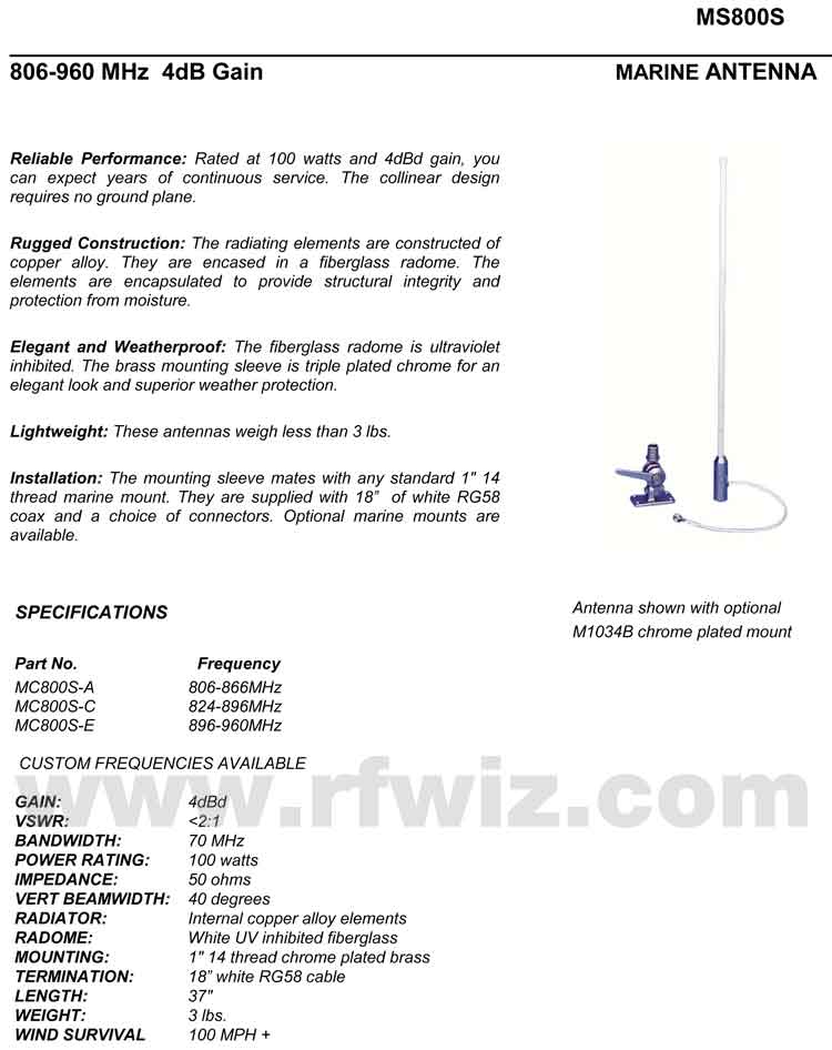 Comtelco MS800SC Series Technical Specifications Complete and detailed specification of the MS800SC Series Marine Antennas