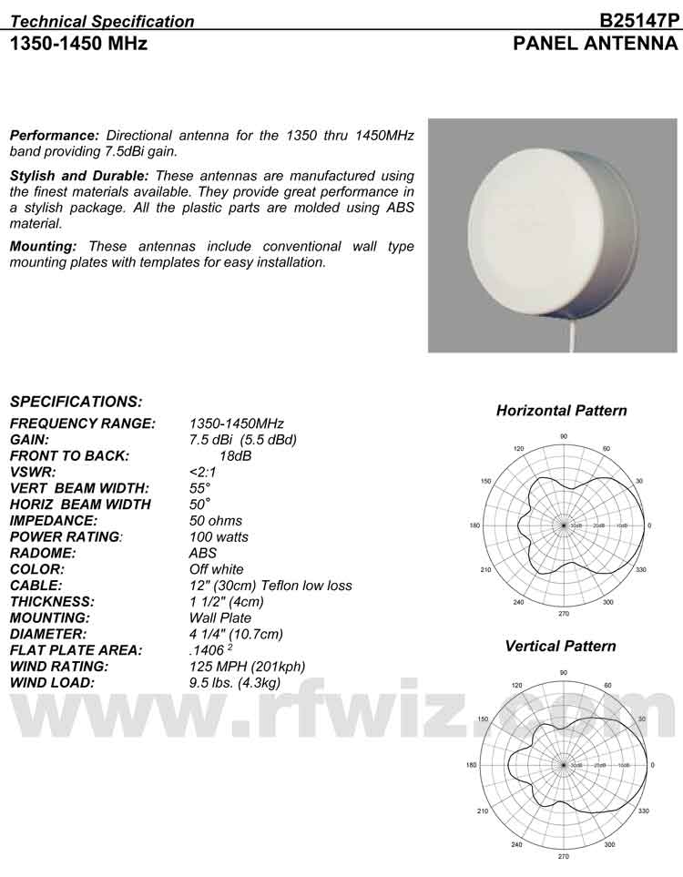 Complete and detailed specification of the Comtelco B25147P Series of Panel Base Antennas