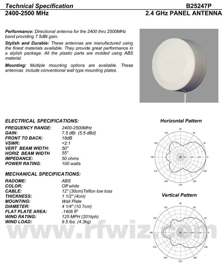 Complete and detailed specification of the Comtelco B25247PW Series of Panel Base Antennas