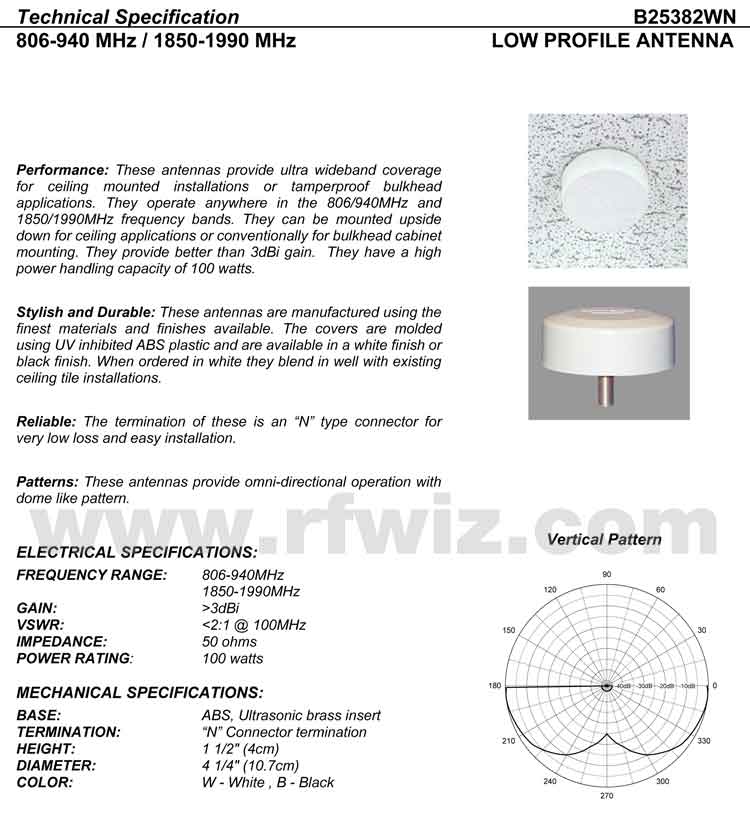 Detailed and complete description and specifications for Comtelco Antenna Models B25382BN B25382WN including Vertical Pattern chart