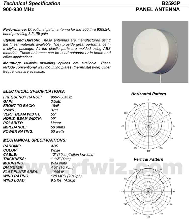 Complete and detailed specification of the Comtelco B2593PW Series of Panel Base Antennas