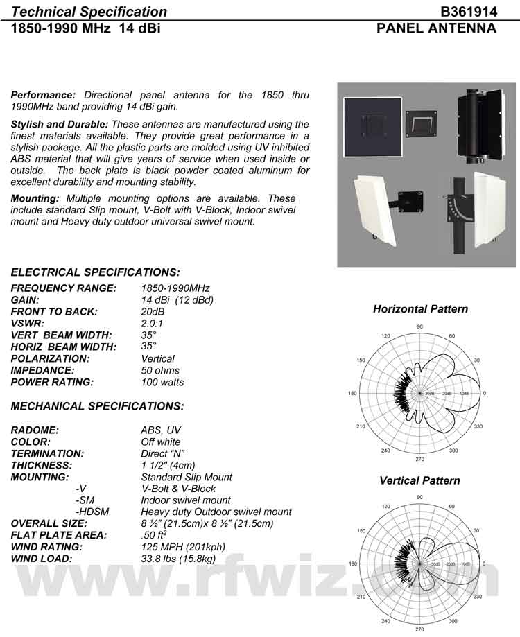 Complete and detailed specification of the Comtelco B361914SM Series of Panel Base Antennas