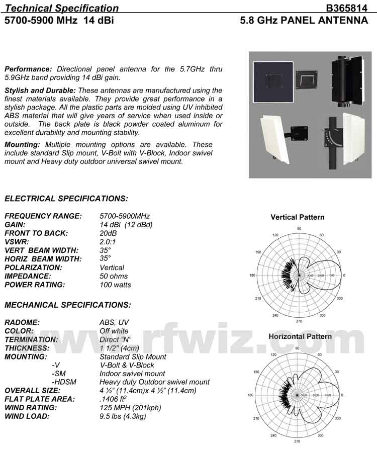 Complete and detailed specification of the Comtelco B365814HDSM Series of Panel Base Antennas