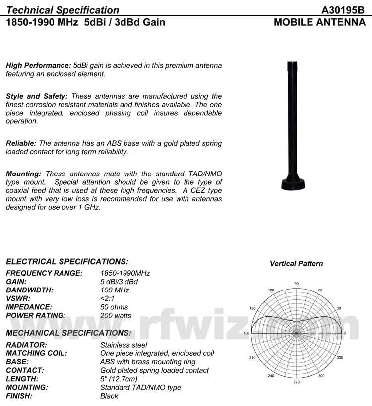 Detailed and complete description and specifications for Comtelco Antenna Model A30195S including Vertical Pattern chart