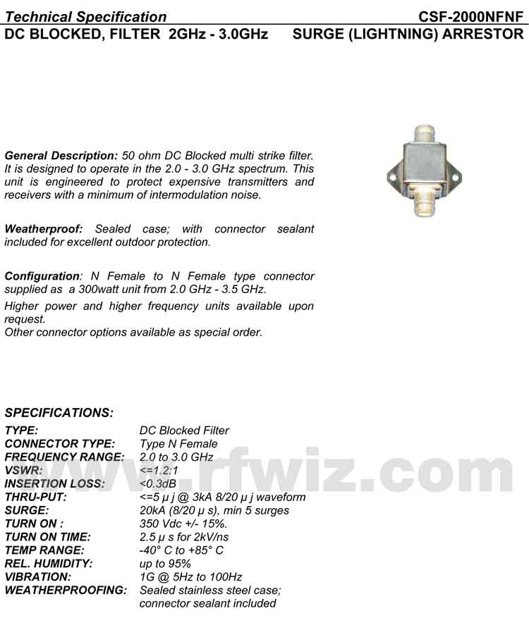 Complete and detailed specification of the Comtelco CSF-2000NFNF Series of Wide Band Coupler Stacker