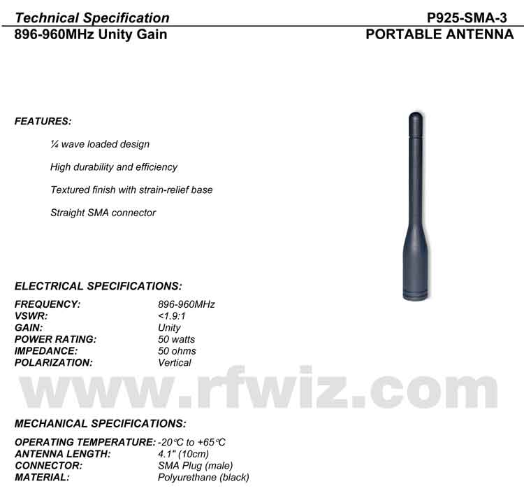Comtelco Data Antenna Models P925-SMA-3 Technical Specifications Detailed and complete description and specifications for Comtelco Data Antenna Model P925-SMA-3 including Vertical Pattern chart