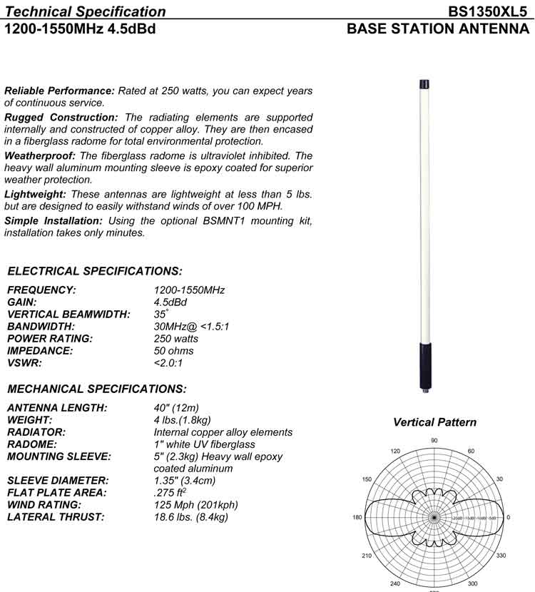 Complete and detailed specification of the Comtelco's BS1350XL5WB Series of Antennas