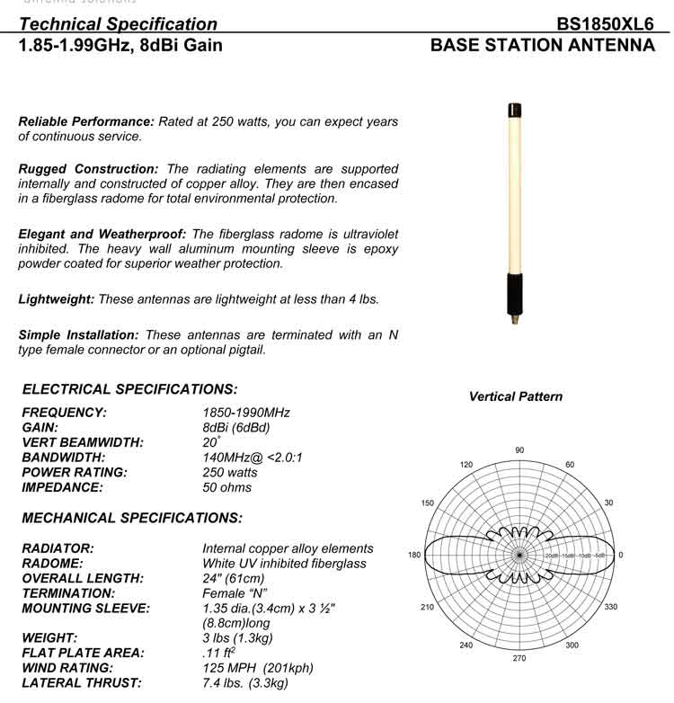 Complete and detailed specification of the Comtelco's BS1850XL6 Series of Antennas